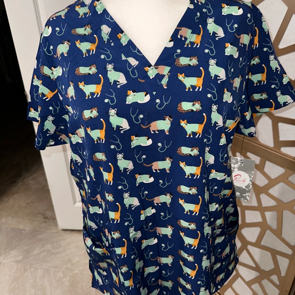 Blue Cat Print Women's Top